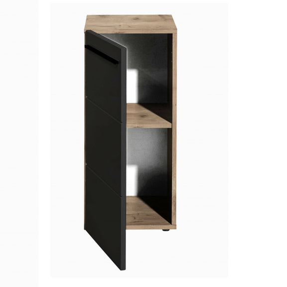Tall narrow wooden cabinet with black glass panel on a white background
