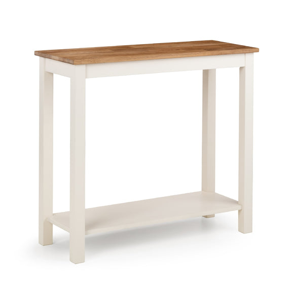 Small table with a wooden top and white base on a white background