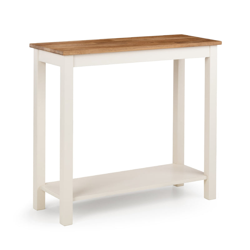 Small table with a wooden top and white base on a white background