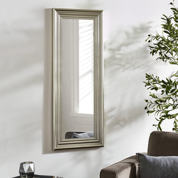 Rectangular mirror with decorative frame on a white wall next to a plant