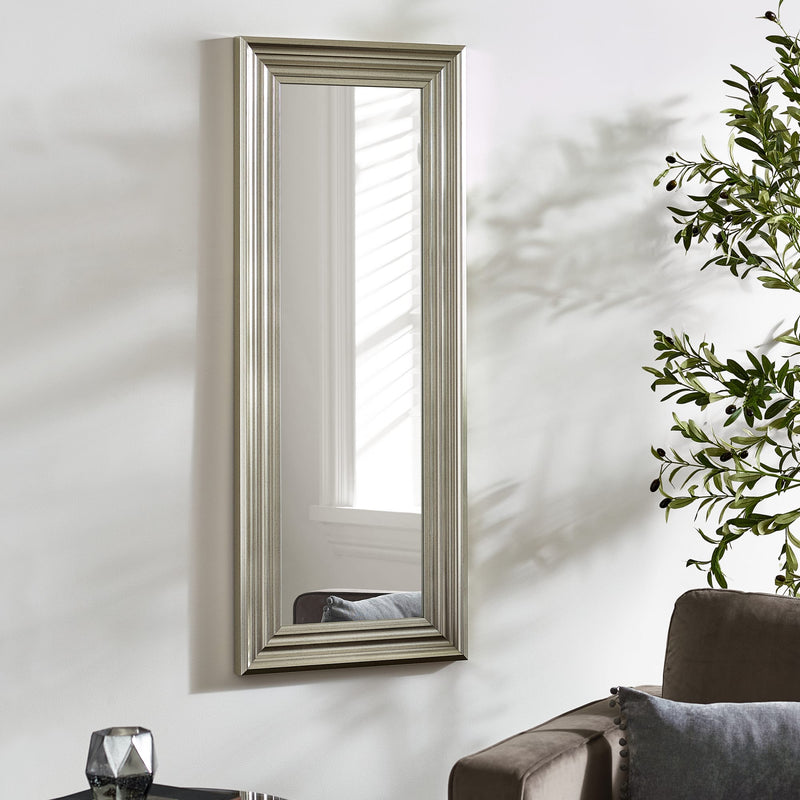 Rectangular mirror with decorative frame on a white wall next to a plant