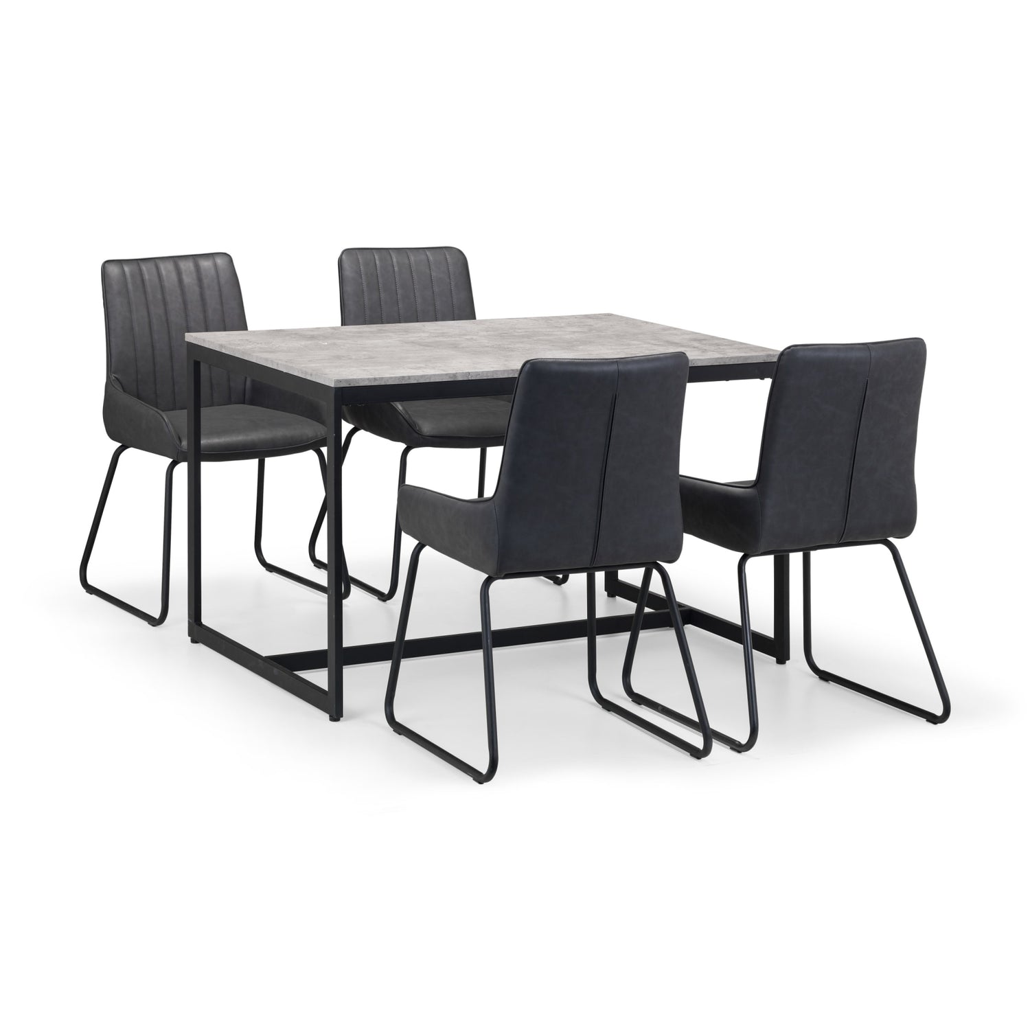 Dining table set with four black chairs on a white background