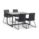 Dining table set with four black chairs on a white background