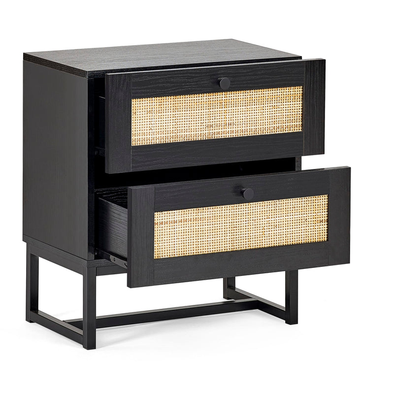 Black nightstand with woven drawer fronts on a white background