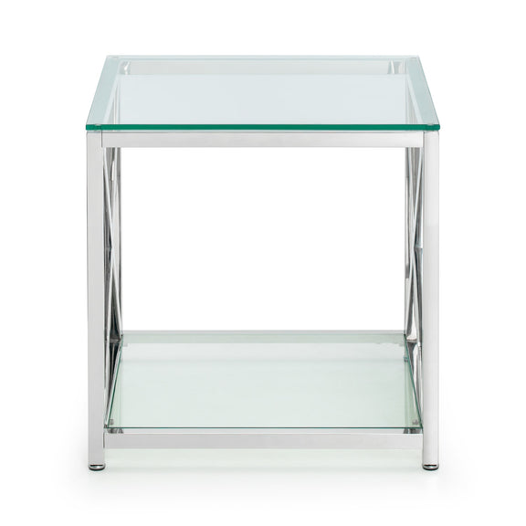 Glass side table with metal frame on a white background