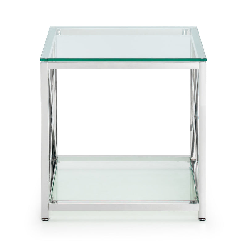 Glass side table with metal frame on a white background