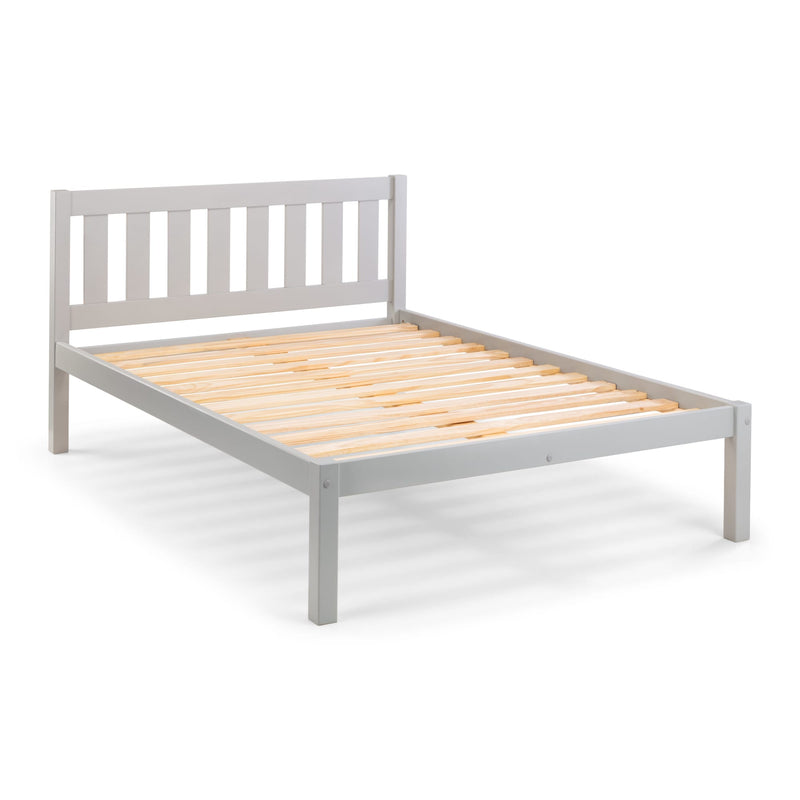 Gray metal bed frame with wooden slats on a white background