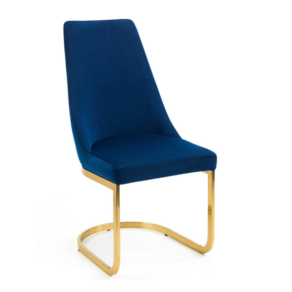 Blue upholstered chair with gold metal legs on a white background