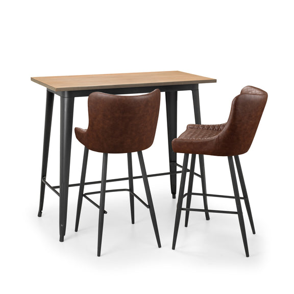 Bar height table with two black bar stools on a white background