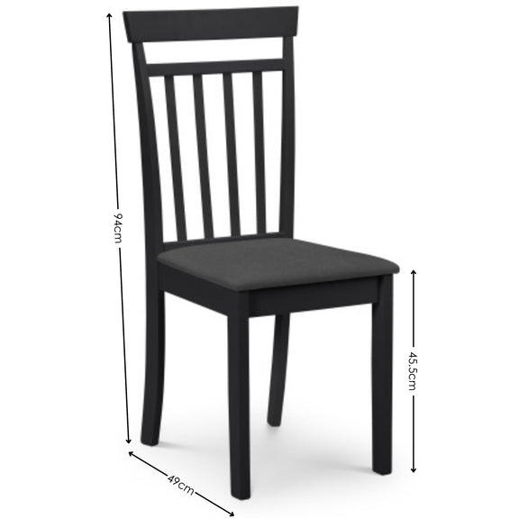 Black chair with dimensions indicated on a white background