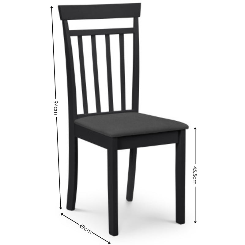 Black chair with dimensions indicated on a white background