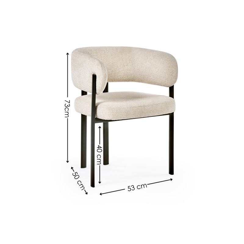 Beige chair with dimensions labeled on a white background