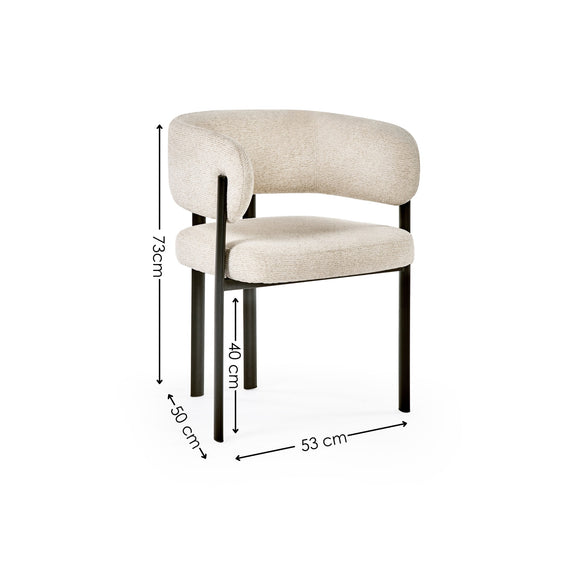 Beige chair with dimensions labeled on a white background