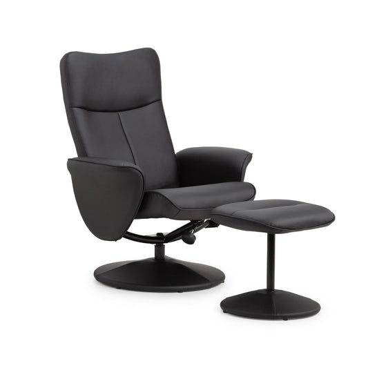 Black recliner chair with ottoman on a white background