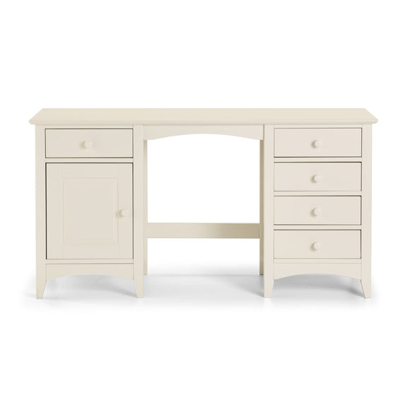 White desk with multiple drawers on a white background