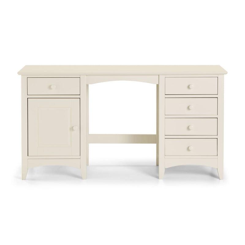 White desk with multiple drawers on a white background