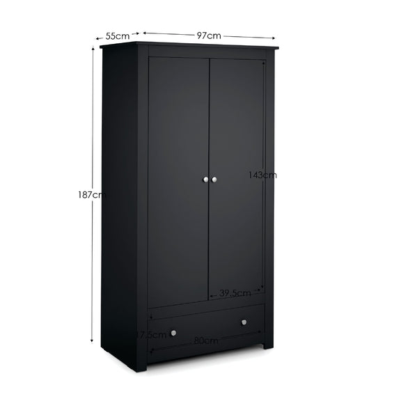 Black wardrobe with dimensions labeled on a white background