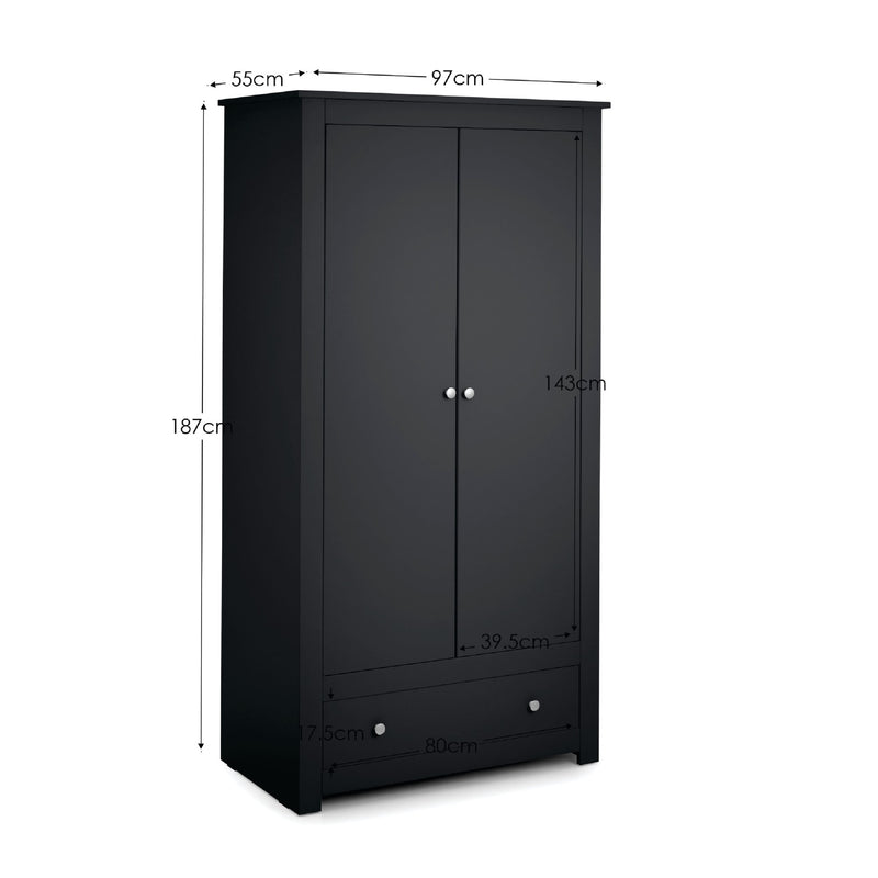 Black wardrobe with dimensions labeled on a white background