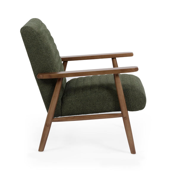 Green armchair with wooden frame on a white background