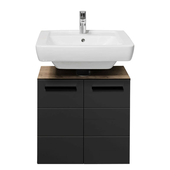 Bathroom vanity with white sink and black cabinet on a white background