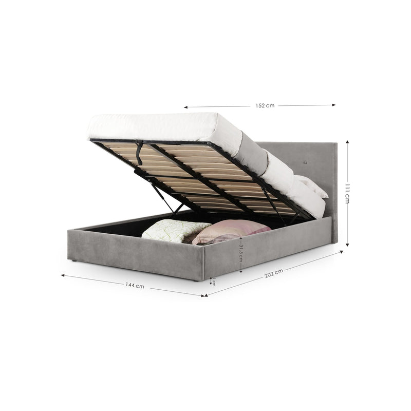 Gray upholstered bed with open storage compartment, dimensions indicated.