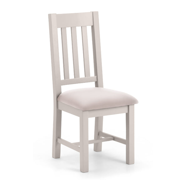 Light gray wooden chair with a cushioned seat on a white background