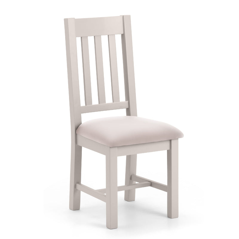 Light gray wooden chair with a cushioned seat on a white background