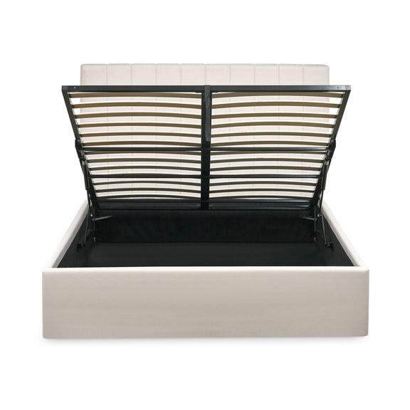 Modern bed with black metal frame and white mattress on a white background