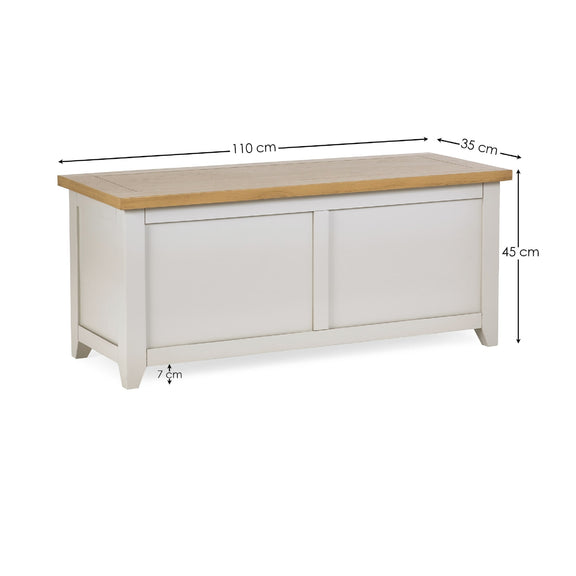White storage bench with wooden top and dimensions on a white background