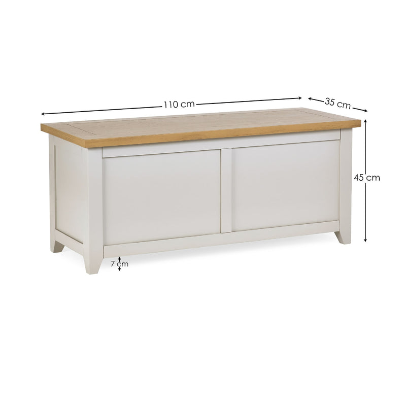 White storage bench with wooden top and dimensions on a white background