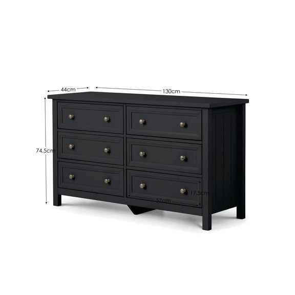 Black dresser with dimensions labeled on a white background