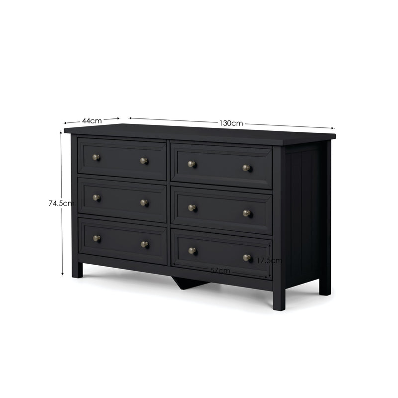Black dresser with dimensions labeled on a white background