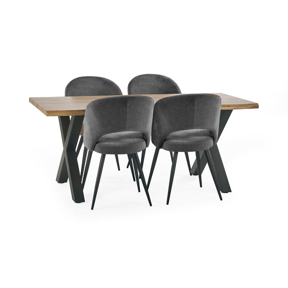 Dining table with four gray chairs on a white background