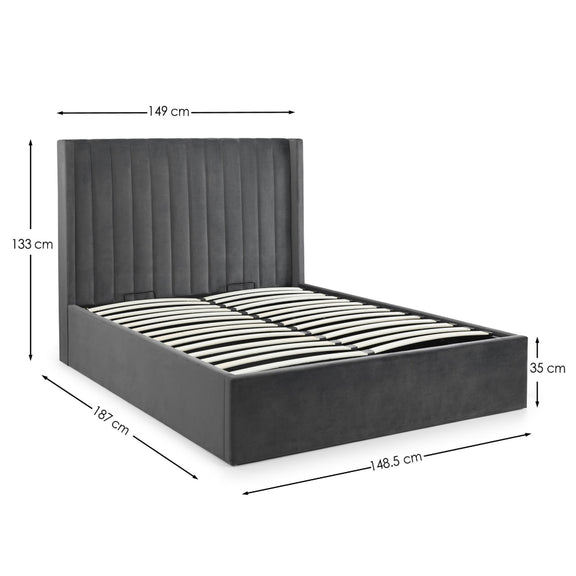 Black bed frame with dimensions labeled on a white background