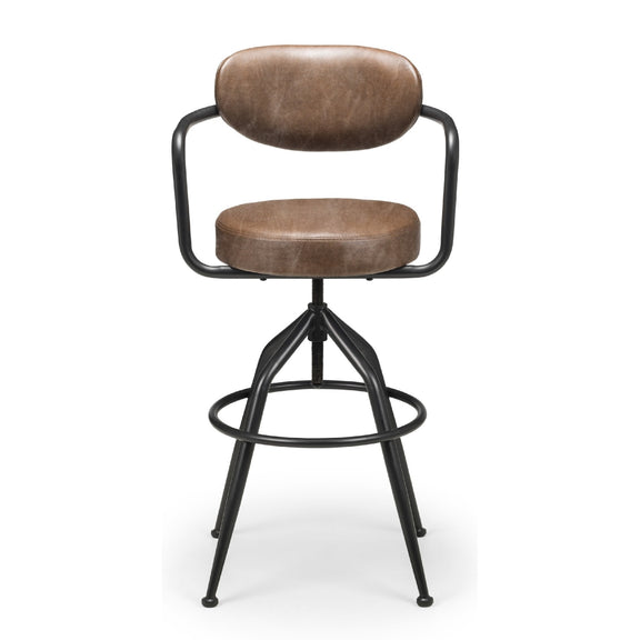 Brown bar stool with black metal frame on a white background