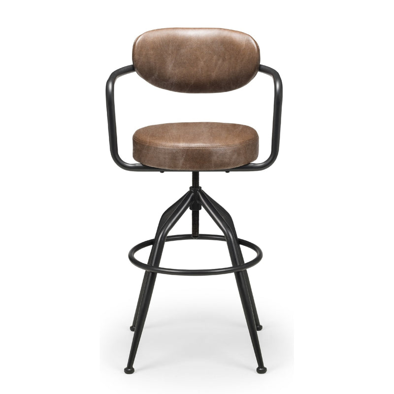 Brown bar stool with black metal frame on a white background