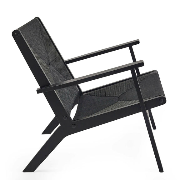 Black lounge chair with mesh back and seat on a white background