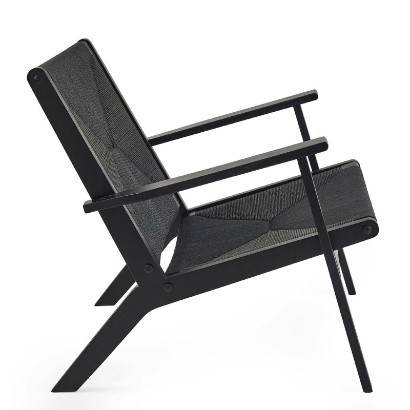 Black lounge chair with mesh back and seat on a white background