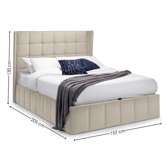 Beige upholstered bed with dimensions on a white background
