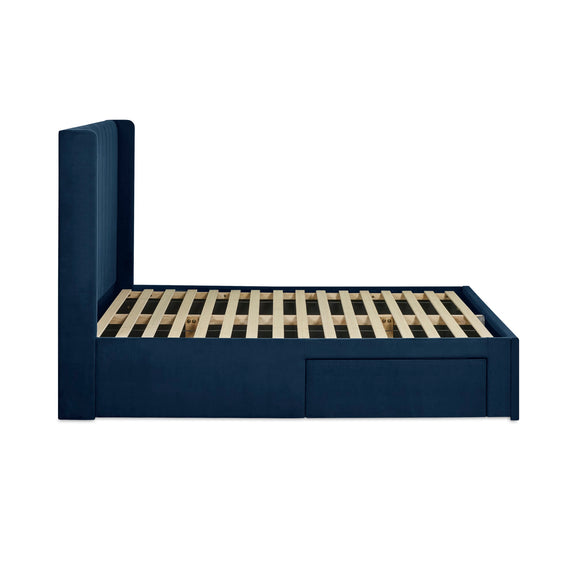 Navy blue bed frame with wooden slats on a white background