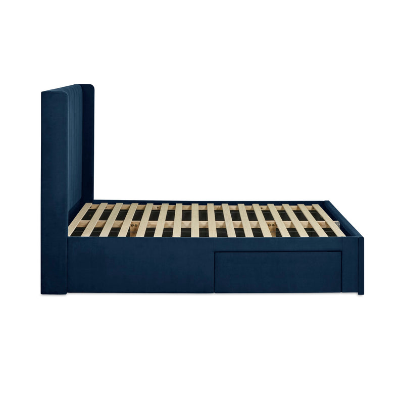 Navy blue bed frame with wooden slats on a white background