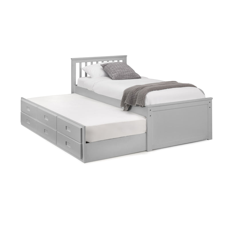 Gray bed with pull-out drawer on a white background