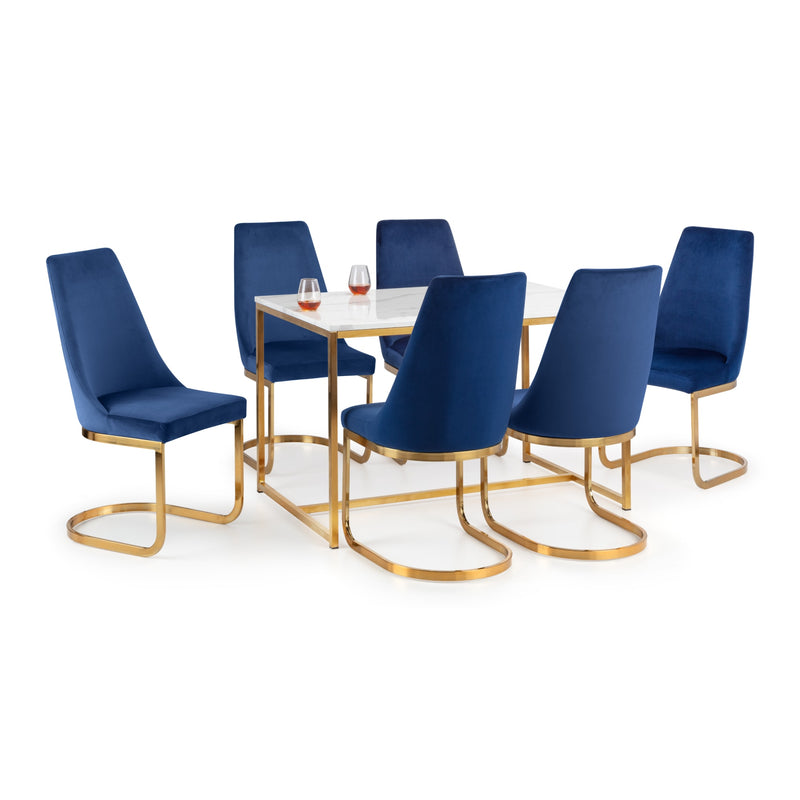 Dining set with blue chairs and a gold table on a white background