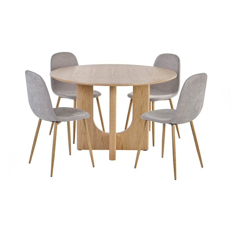 Round wooden dining table with four gray chairs on a white background