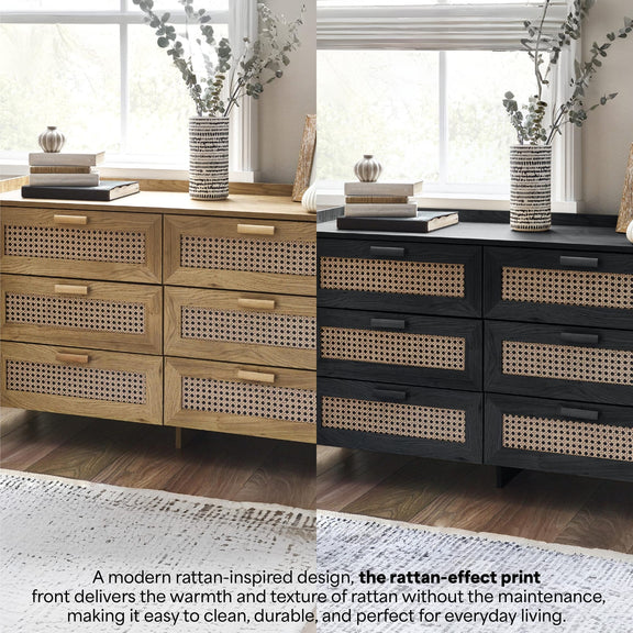 Black and oak effect 6 drawer chests with woven rattan drawer fronts