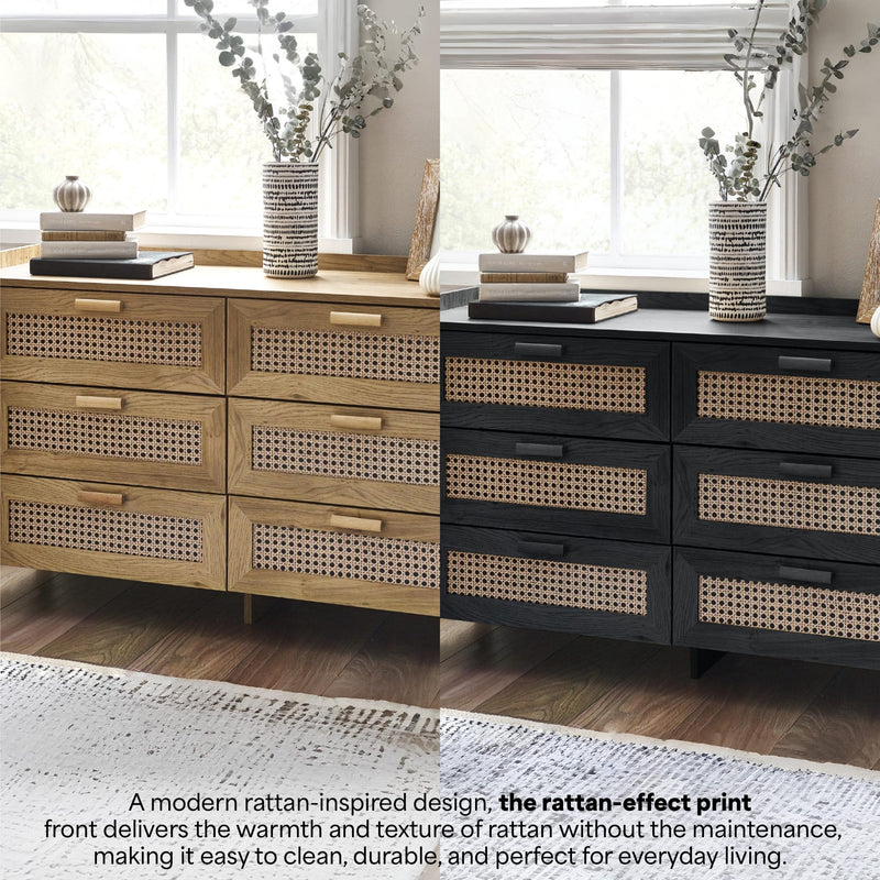 Black and oak effect 6 drawer chests with woven rattan drawer fronts