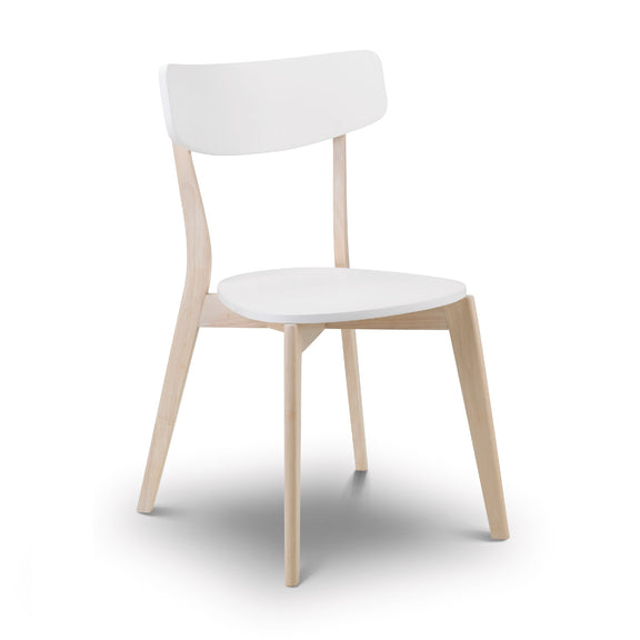 White chair with light wood legs on a white background