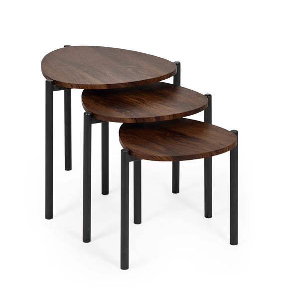 Set of three wooden nesting tables with black metal legs on a white background