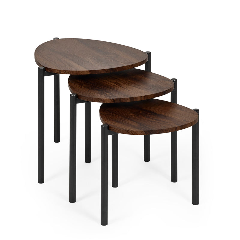Set of three wooden nesting tables with black metal legs on a white background