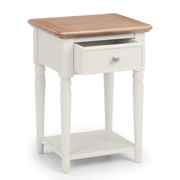 Small wooden side table with a white base and a wooden top on a white background